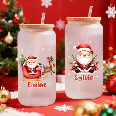 Custom Name Cartoon Santa Claus Frosted Glass Cup, 20oz Tumbler with Straw & Bamboo Lid, Holiday Party Favor, Christmas Gift for Kids/Family/Women