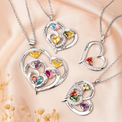 Personalized Engraved Family Necklace with 1-10 Heart-Shaped Birthstones and Names, Dainty Jewelry, Mother's Day/Christmas/Birthday Gift for Women