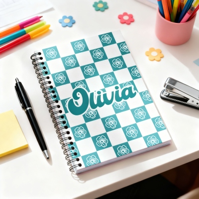 Personalized Birth Flower Checkerboard Notebook with Name, Multicolor A5 Spiral Journal, Back to School/Birthday/Christmas Gift for Kids/Students