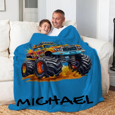 Personalized Name Monster Truck Blanket, Flannel/Sherpa Soft Bed Couch Throw, Bedroom Home Decor, Birthday/Christmas Gift for Kids/Teens/Boys