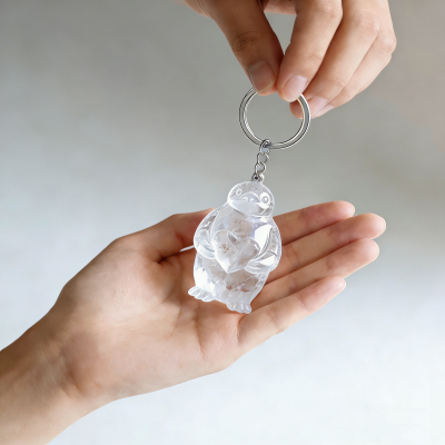 Personalized Initial Rose Quartz & Clear Quartz Penguin Keychains, Chakra 'Soulmate' Healing Crystal Set, Valentine's Day Gift for Him/Her/Couple