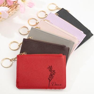 Personalized Birth Flower Zipped Card Holder with Name, Monogram Vegan Leather Coin Purse, Women's Wallet, Mother's Day/Bridesmaid Gift for Women
