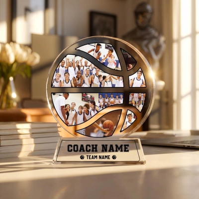 Custom Ball-Shaped Plaque with Team Photos and Name, Basketball/Rugby/Baseball/Softball Acrylic Desk Decor, Game Day Gift for Sports Players/Coaches