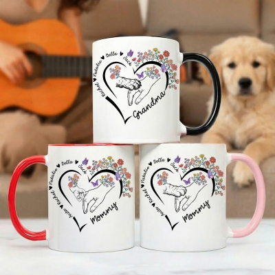 Custom Floral Handprint Love Mug with Names, 11oz/15oz Two Tone Ceramic Coffee Mug with Coaster, Birthday/Mother’s Day Gift for Pet Mom/Grandma/Her