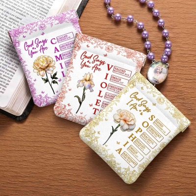Custom Name Birth Flower God Says I Am Bible Verses Leather Rosary Pouch, Squeeze Coin Purse, Mother’s Day/Baptism Gift for Her/Mom/Christian Women