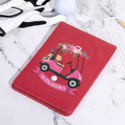 Custom Leather Golf Scorecard Holder, Golf Yardage Book Cover in Pink Rose Golf Cart Design, Golf Accessories, Gift for Female Golfer/Her/Bridesmaids