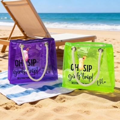 Custom Name Oh Sip Girls Trip Neon Color Tote Bag, Transparent PVC Beach Bag with Rope Handles, Travel Accessory, Vacation Gift for Besties/Girls