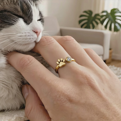 Personalized Pet Print Birthstone Adjustable Ring, Dainty 3D Heart-Shaped Pet Paw Memorial Jewelry, Birthday/Mother's Day Gift for Pet Mom/Owners/Her