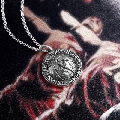 Basketball Necklace with Names in Circle in Sliver