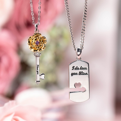 Personalized Rose Key Couple Necklace Valentine's Day Gifts