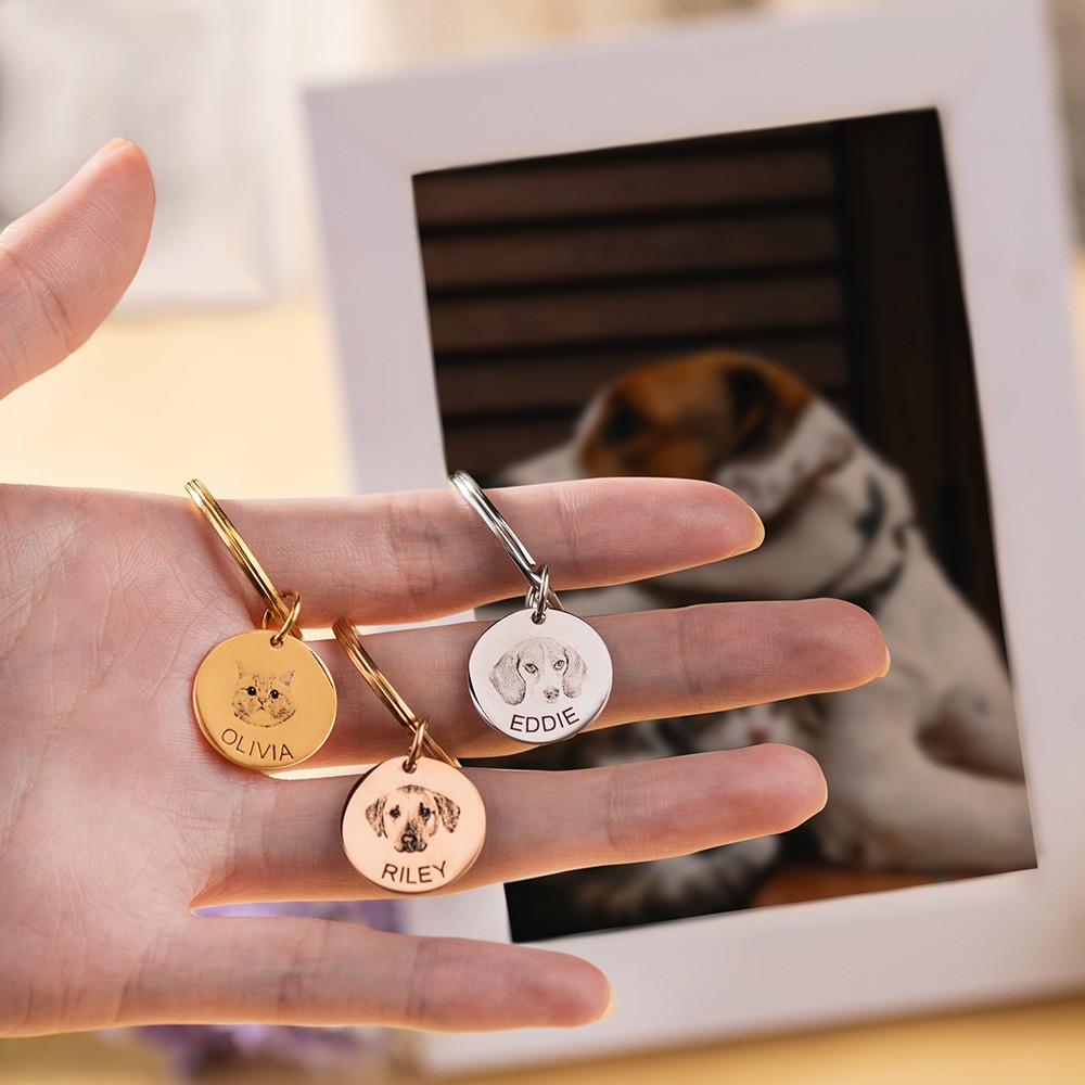 Personalized Dog Cat Keychain with Photo Engraved, Pet Portrait Memorial Keepsake Gift for Pet Loss/Dog Father/Cat Mom