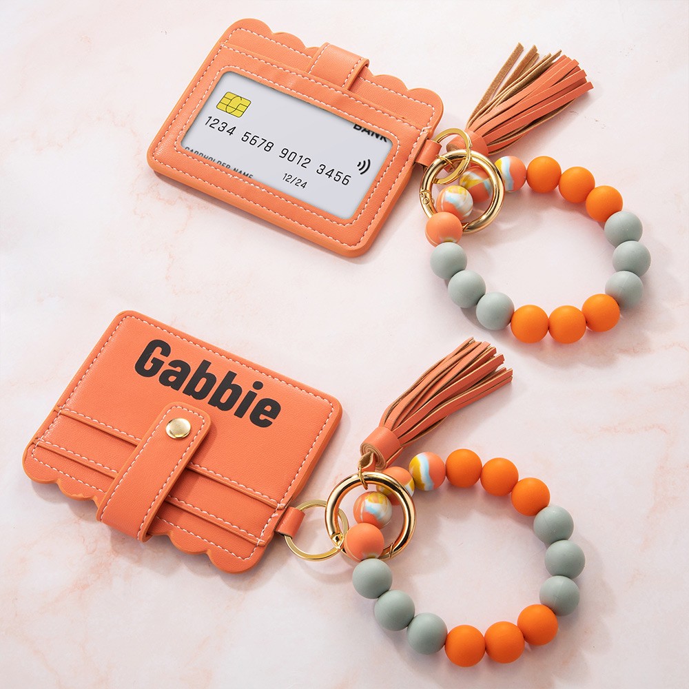 Keychain Wallet with Wristlet Silicone Bead Bangle Bracelet, Key Holder and Leather Wallet, Personalized Gifts for Her/Women