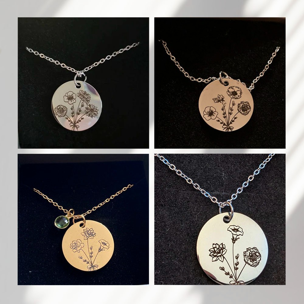 "Build Your Own Bouquet" Personalized Combined Birth Month Flower Name Necklace, Gifts for Women Mom Grandma Sisters Friend, Floral Coin Jewelry