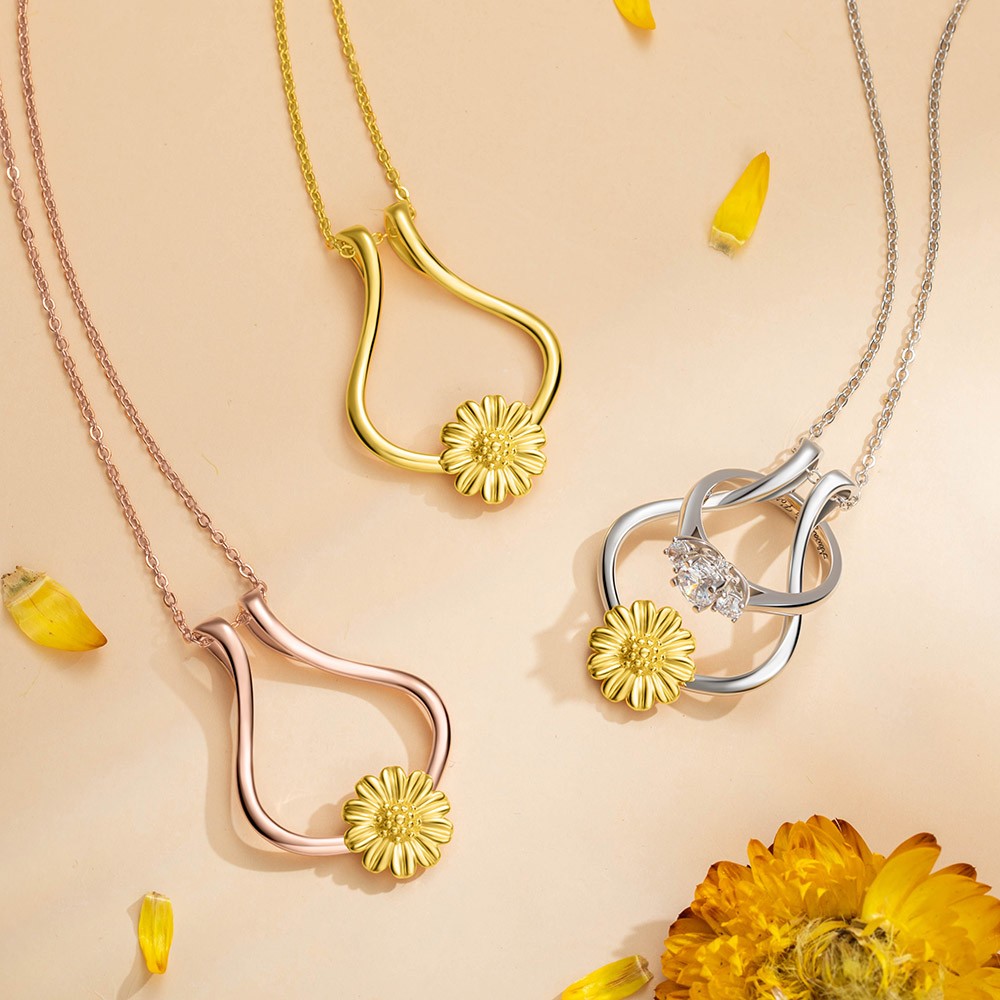 Ringhalter-Halskette, Sterlingsilber-Ringhalter mit Sonnenblume, Verlobungs-Ehering-Halskettenhalter, Geschenk für Frau Freundin