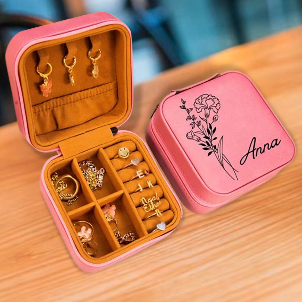 Birth Flower Jewelry Travel Case, Personalized Birthday Gift, Custom