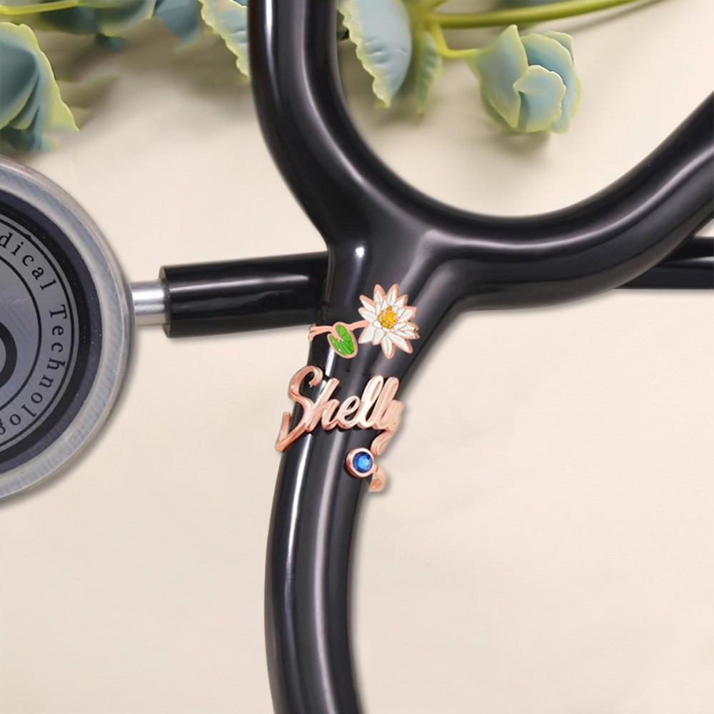 Personalized Stethoscope Name Tag with Birthflower&Birthstone