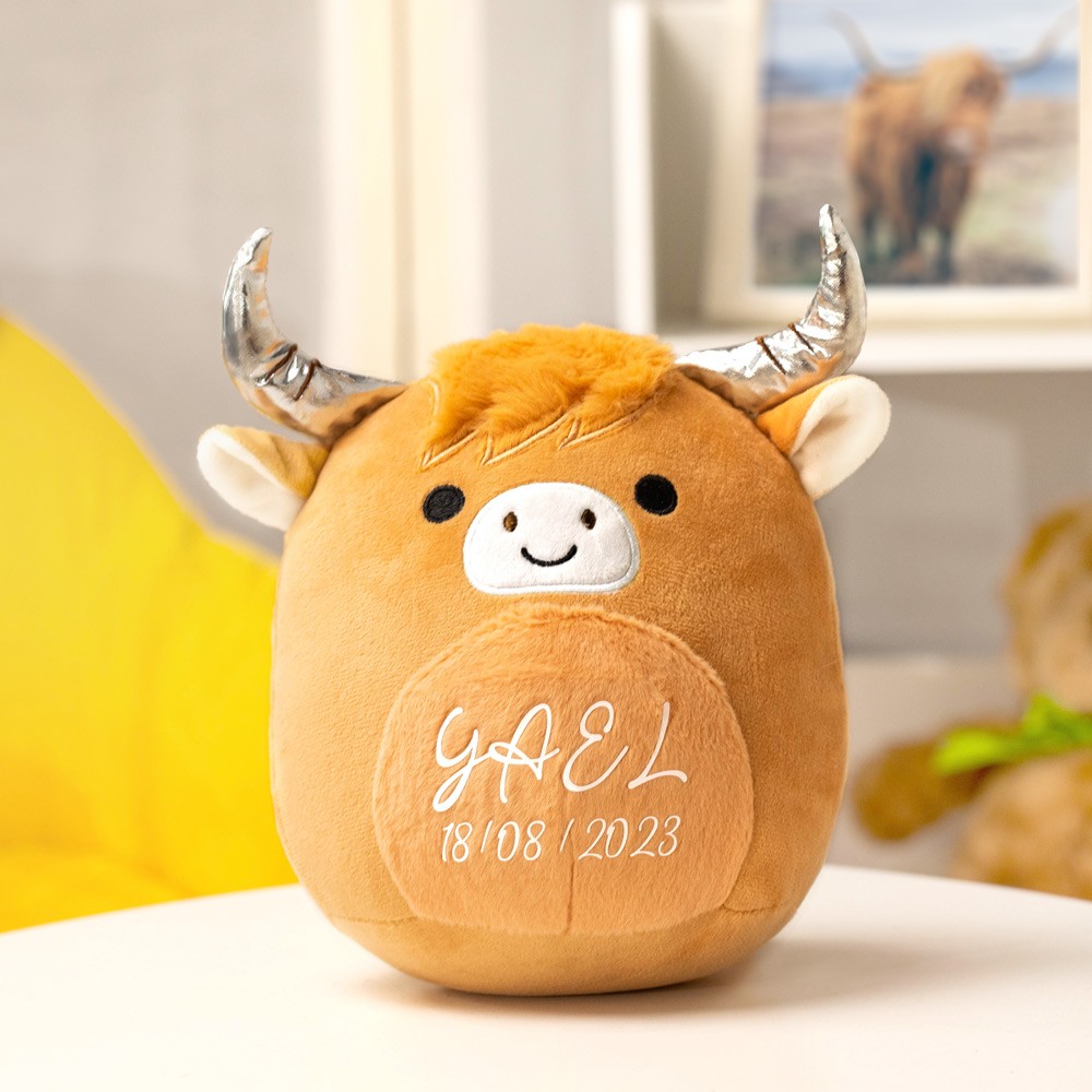 Personalized Name Highland Cow Plush Toy, Cute Soft Highland Cow, Stuffed Animal Pillow, Kawaii Brown Fluffy Cow, Plushie for Kids, Girls, Boys, Birthday, Valentines Day