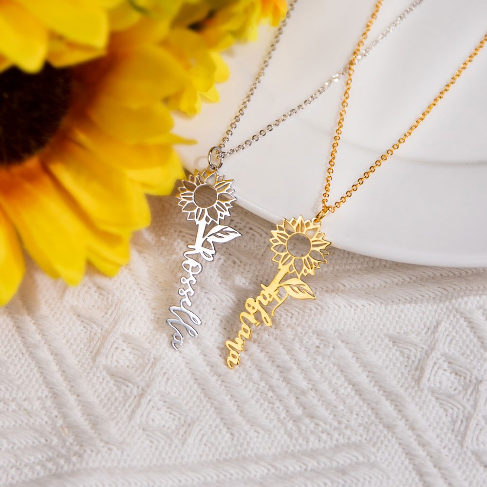 Personalisierte Namenskette mit Sonnenblumenmotiv, exquisite Namenskette, Blumenschmuck, Geburtstags-/Muttertagsgeschenk für Frauen