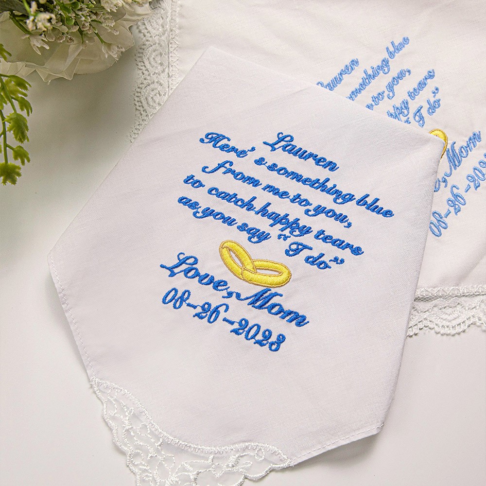 Personalized Cotton Embroidered Wedding Lace Handkerchief with Name and Date, Something Blue, Wedding Gift from Mom to Daughter