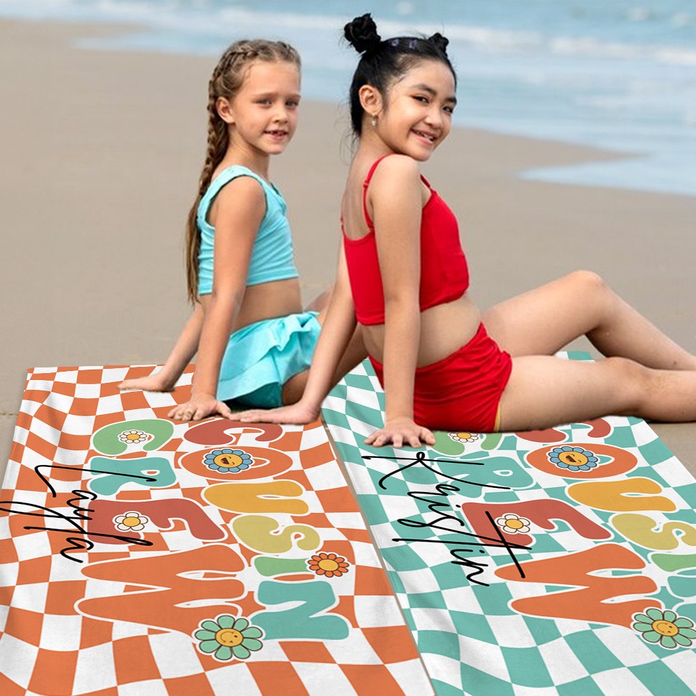 Personalized Name Cousin Crew Colorful Plaid Beach Towel, Perfect for Family Outings