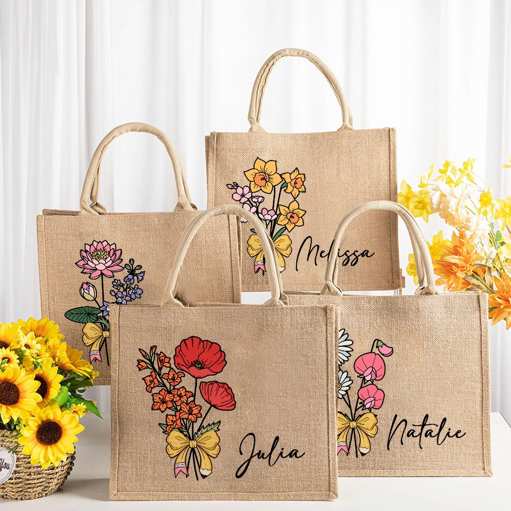 Personalized Name Birth Flower Tote Bag