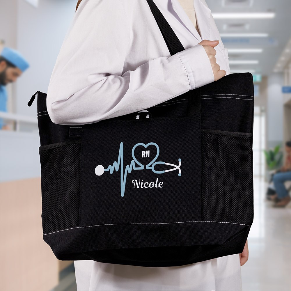 Personalized Stethoscope Nurse Tote Bag, Canvas Zipped Nurse Utility Bag, RN CNA CMA LPN Nurse Organizer Tote, Nurse Week/Appreciation Gift for Nurse