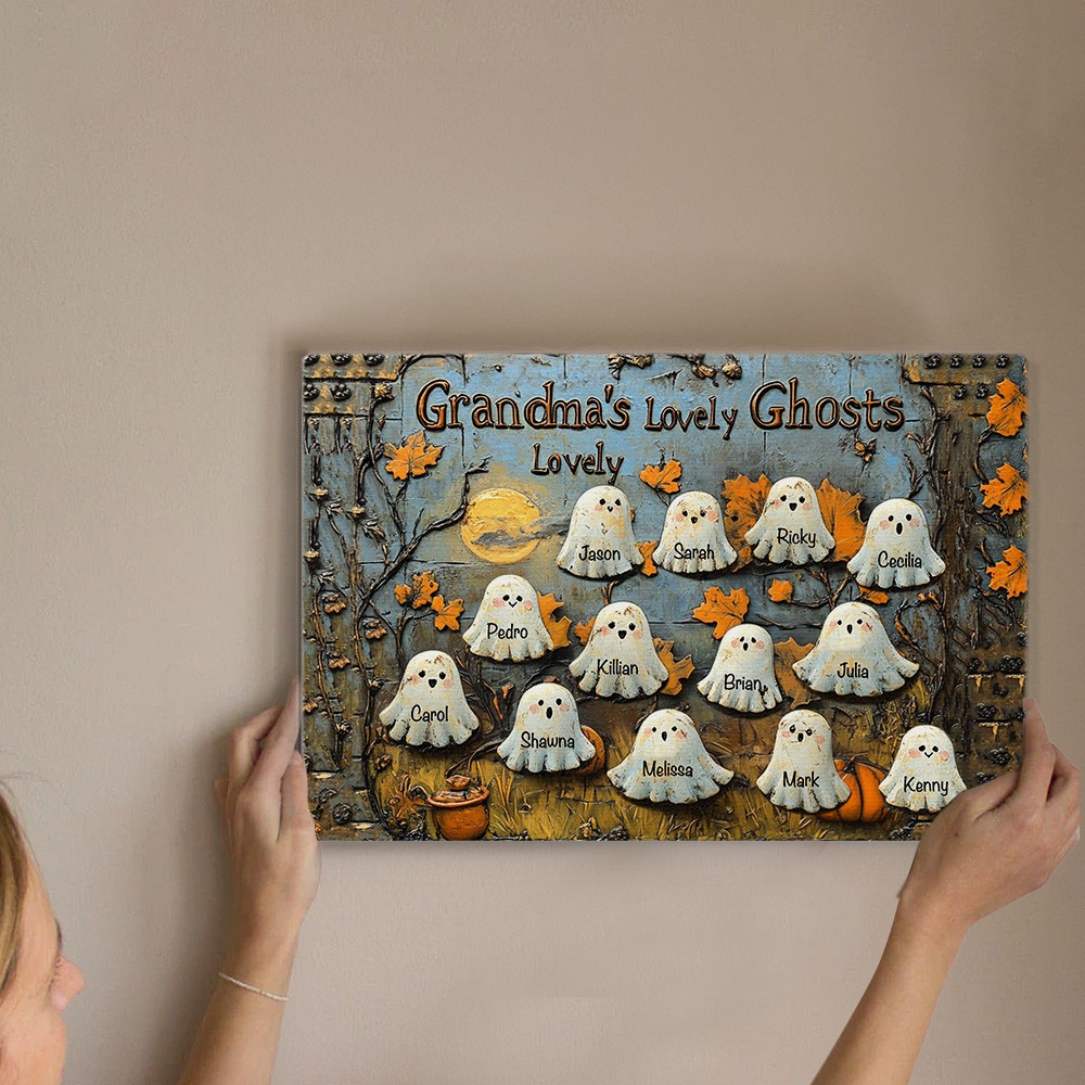 Personalized Title "Grandma's Lovely Ghosts" Halloween Horizontal Poster, Custom Family Names Ghost Decor for Spooky Season