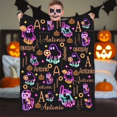 Personalized Name Neon Ghosts Blanket with Pumpkins, Halloween Children's Blanket, Soft Flannel/Sherpa Blanket, Halloween Gift for Kids/Teens/Family