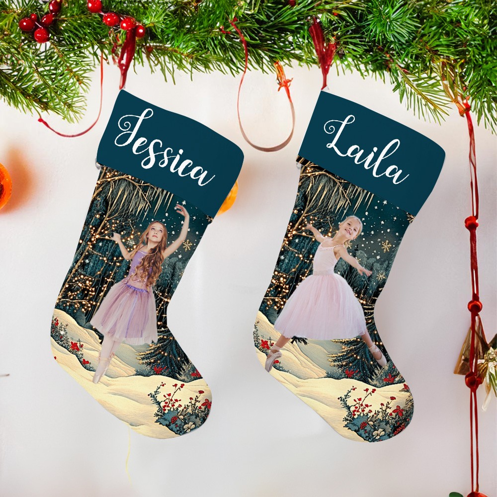 Personalized Ballet Girl Photo Christmas Stocking with Fairyland Background, Custom Name and Picture, Festival Fireplace Hanging Decoration, Christmas Gift for Girls