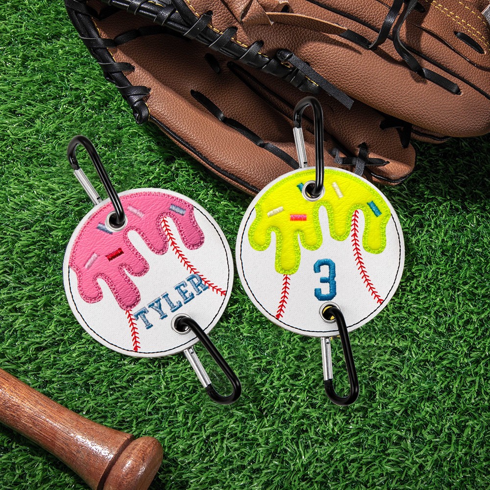 Custom Ice Cream Baseball Bag Charm, Personalized Name Embroidered Keychain, Unique Ice Cream Stick Baseball Bag Holder, Gift for Kids and Sports Lovers