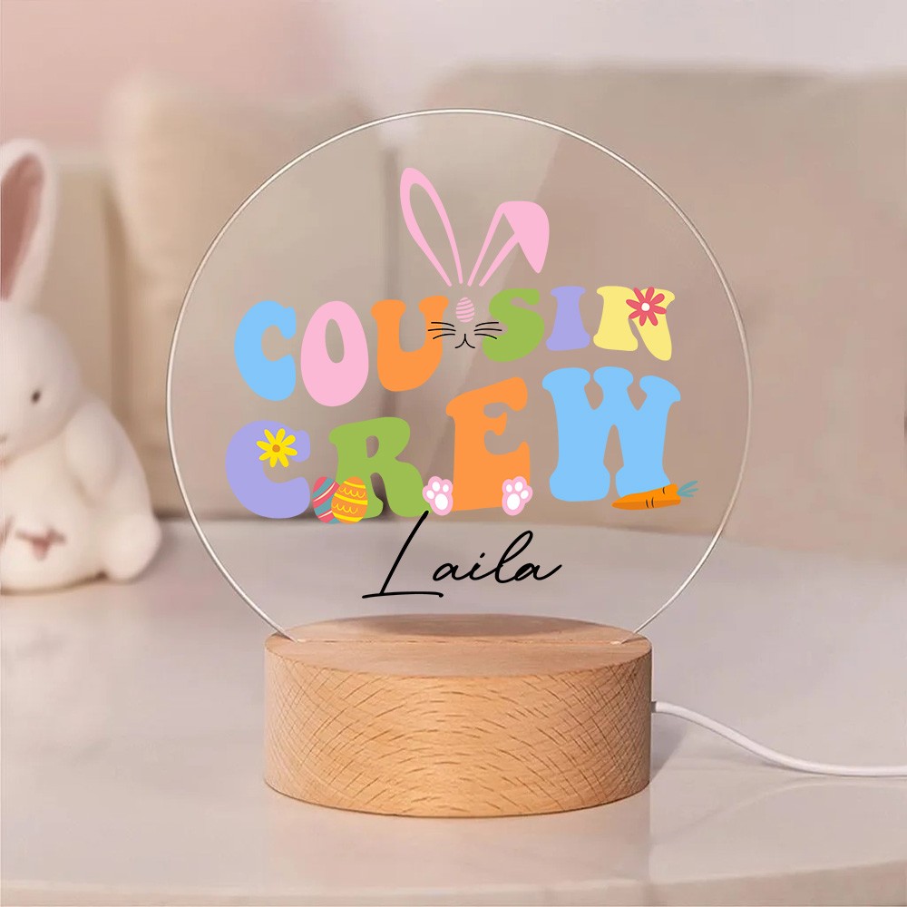 Customizable Easter Cousin Crew Night Light, Personalized LED Lamp with Names and Wooden Base