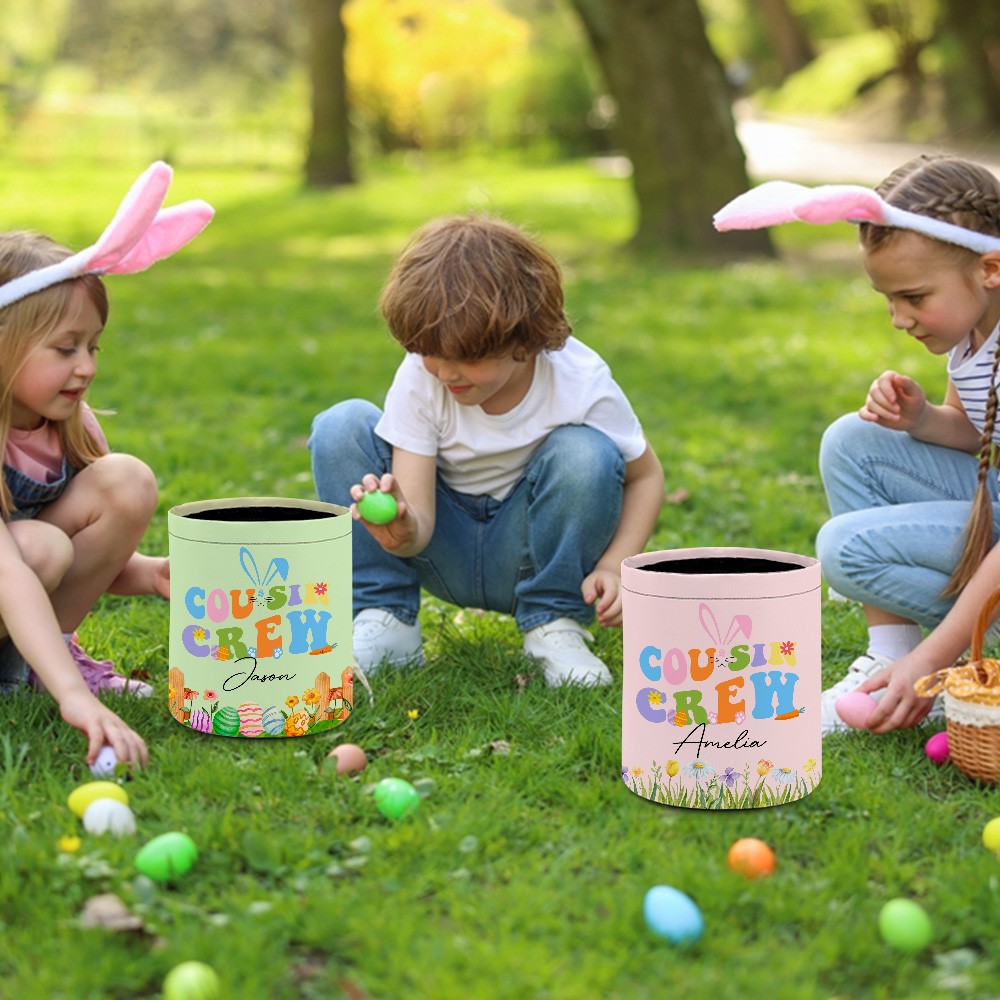 Personalized Cousin Crew Easter Basket Custom Name, Multicolor Handled Storage Basket for Easter Gifts, Family and Kids