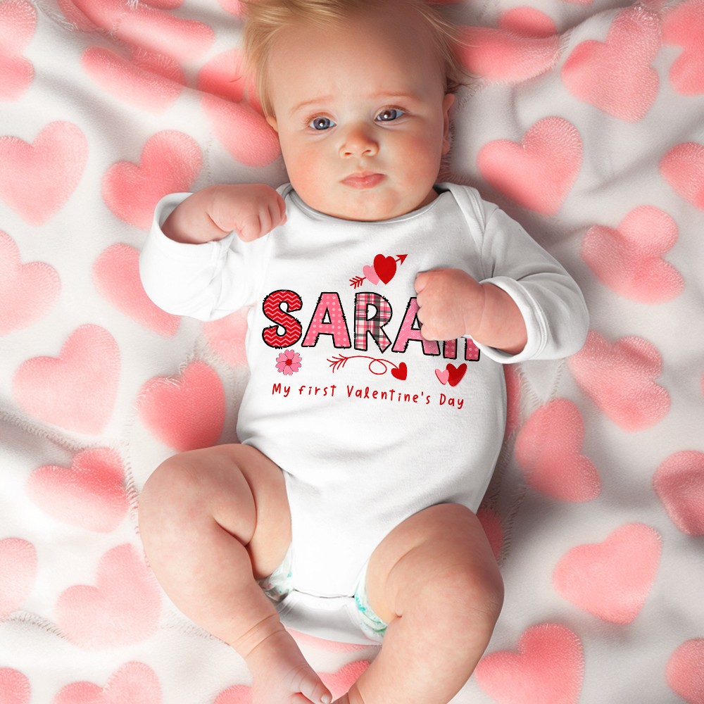 Personalized First Valentine's Day Long Short Sleeve Cotton Baby Onesie with Name, Cute Valentine's Day Gift for Newborn Infant Baby