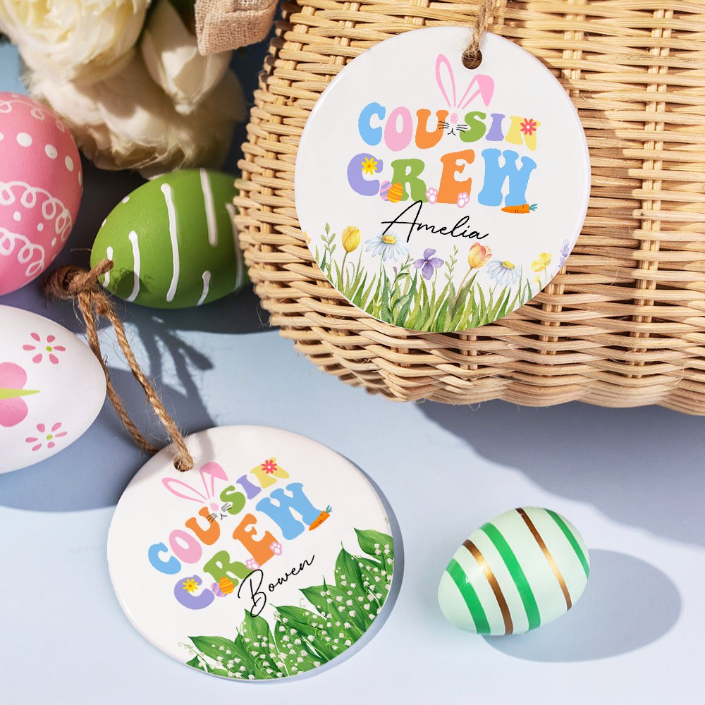 Personalized Cousin Crew Easter Ceramic Ornament Custom Name, Multicolor Easter Hanging Decoration for Family, Gift for Kids and Relatives