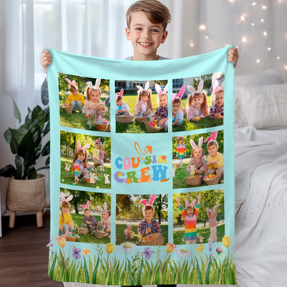 Personalized Easter Cousin Crew Photo Blanket, Soft and Cozy Easter Family Throw, Holiday Gift for Family and Kids