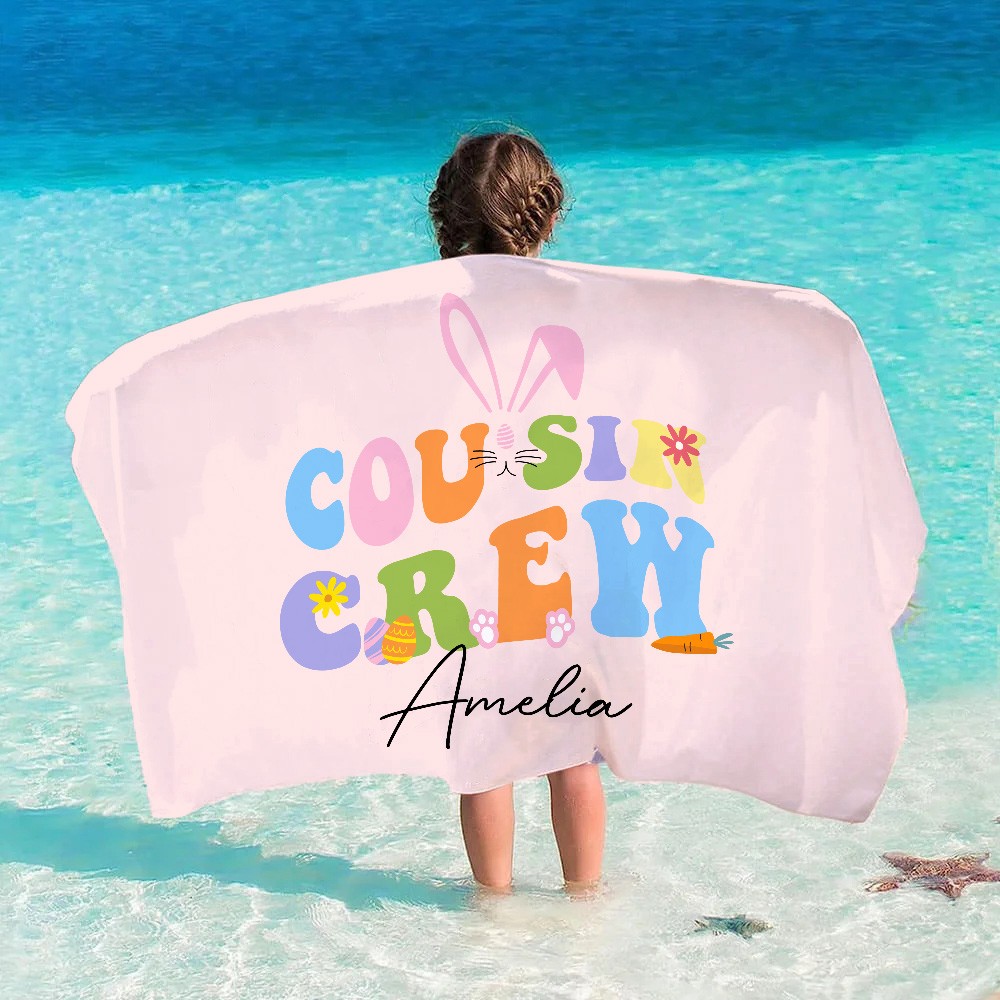 Personalized Cousin Crew Easter Beach Towel Custom Name, Multicolor Towel for Family and Kids