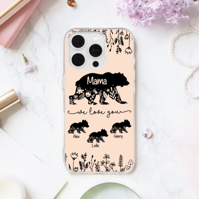 Personalized Floral Bear Mama & Cubs Phone Case with Names, Soft TPU Phone Case for iPhone, Birthday/Mother's Day Gift for Mom/Grandma/Family