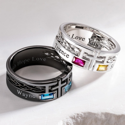Personalized Engraved Cross Ring with Baguette Birthstones, Sterling Silver 925 Minimalist Men's Faith Ring, Birthday/Christmas Gift for Him/Husband