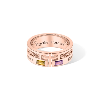 Personalized Engraved Cross Ring with Baguette Birthstones, Sterling Silver 925 Minimalist Men's Faith Ring, Birthday/Christmas Gift for Him/Husband