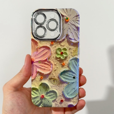 Glitter Flower iPhone Case with Rhinestones, Floral Bloom Cloud Case