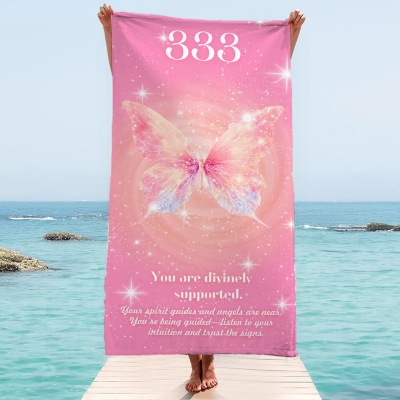 Angel Number Butterfly Beach Towel – Dreamy Pastel Design, Spiritual Summer Towel, Inspirational Gift for Women and Girls