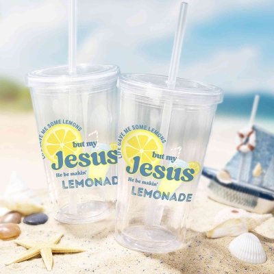 Christian Inspirational Tumbler with Straw, Life Gave Me Lemons but My Jesus Be Makin' Lemonade Faith Motivational Cup, Daily Encouragement Gift