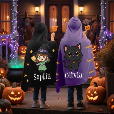 Custom Name Halloween Hooded Blanket, Cozy Wearable Throw with Fun Spooky Designs, Festival Gift for Friends/Family/Kids