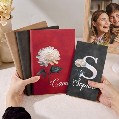 Personalized Mother of Pearl Effect Birth Flower Notebook with Name, A5/A6 Leather Journal, Birthday/Christmas Gift for Her/Friends/Colleagues/Women
