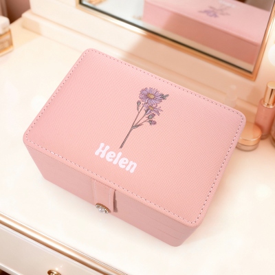 Custom Birth Flower & Name Travel Makeup Box, Multi-functional Makeup Mirror Box with Lights, Jewelry/Cosmetics Storage Box, Birthday Gift for Her