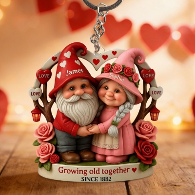Custom Names 2D Flat Growing Old Together Gnomes Love Keychain, Acrylic Keyring Car Ornament, Valentine's Day/Anniversary Gift for Her/Him/Couple