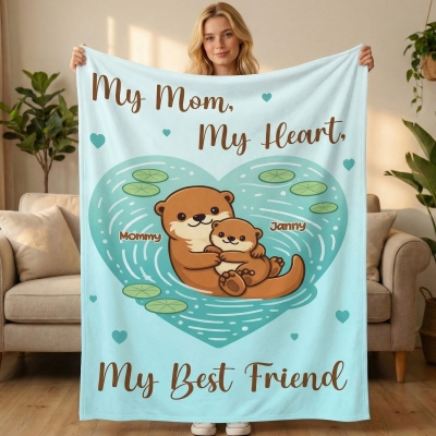 Custom Otter Mom & Baby Heart Family Blanket with Name, Flannel/Sherpa Throw for Bed Couch, Home Decor, Birthday/Mother’s Day Gift for Her/Mom/Grandma