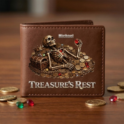 Personalized Name Treasure's Rest Leather Wallet, Vintage Men's Wallet, Cash Card Holder, Father's Day/Birthday/Anniversary Gift for Dad/Grandpa/Him
