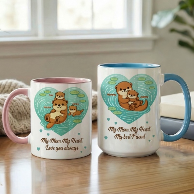 Personalized Names Otter Mama & Babies Heart Design Mug, 11oz/15oz Two Tone Ceramic Mug with Coaster, Birthday/Mother's Day Gift for Mom/Grandma