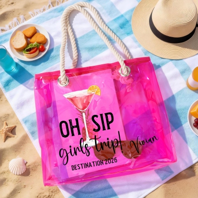 Custom Name Oh Sip Girls Trip Neon Color Tote Bag, Transparent PVC Beach Bag with Rope Handles, Travel Accessory, Vacation Gift for Besties/Girls